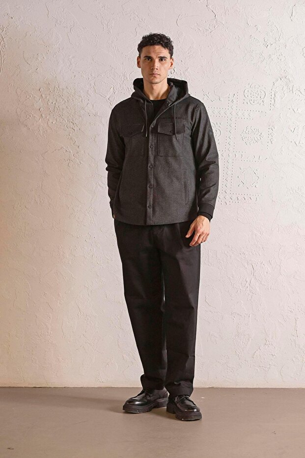 Hooded Men's Outer Shirt with Snap Fasteners