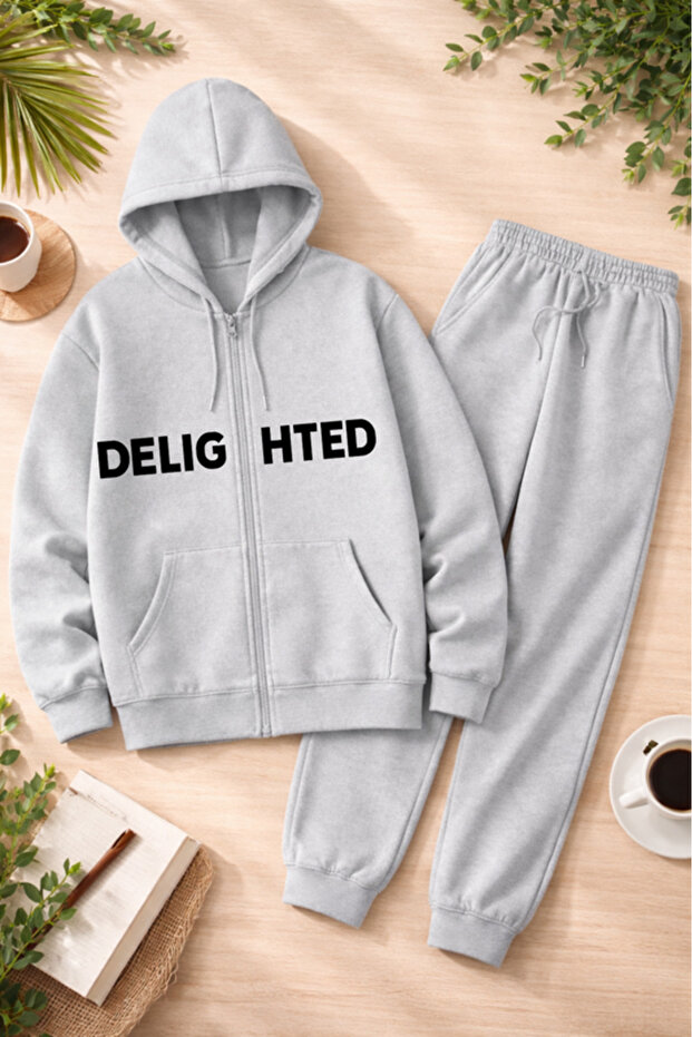Unisex Printed Zippered Hooded Sweatshirt & Jogger Tracksuit Set