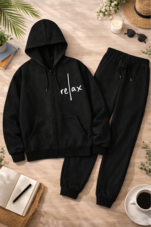 Unisex Printed Zippered Hooded Sweatshirt & Jogger Tracksuit Set