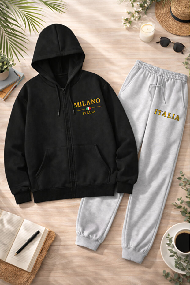 Unisex Printed Zippered Hooded Sweatshirt & Jogger Tracksuit Set