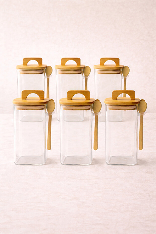 Set of 6 Borosilicate 250ml Square Jars with Bamboo Lid and Spoon Kw-796