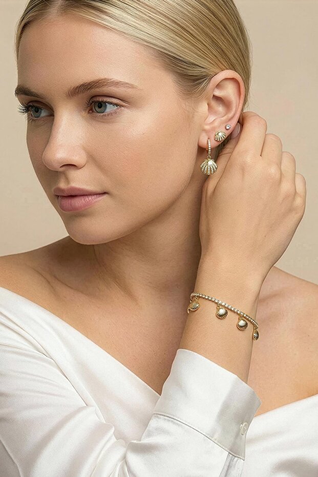 Seashell Earring Bracelet Set Gold 0135 - 1