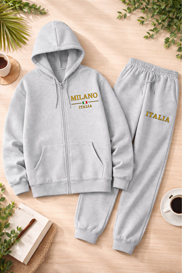 Unisex Printed Zippered Hooded Sweatshirt & Jogger Tracksuit Set