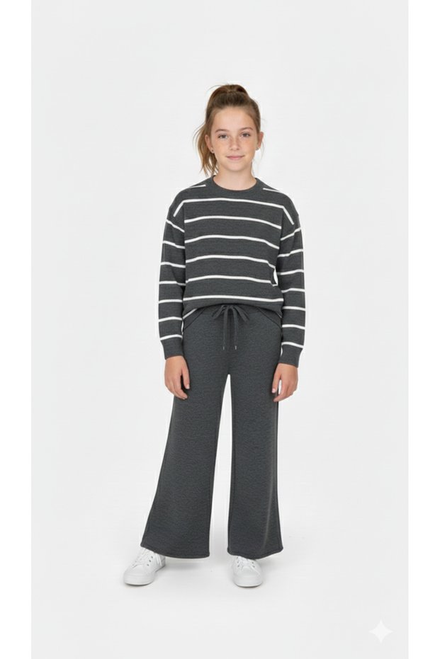 Suit for Girls, Knitwear, Gray Color, White Line Detail, 6/14 Years