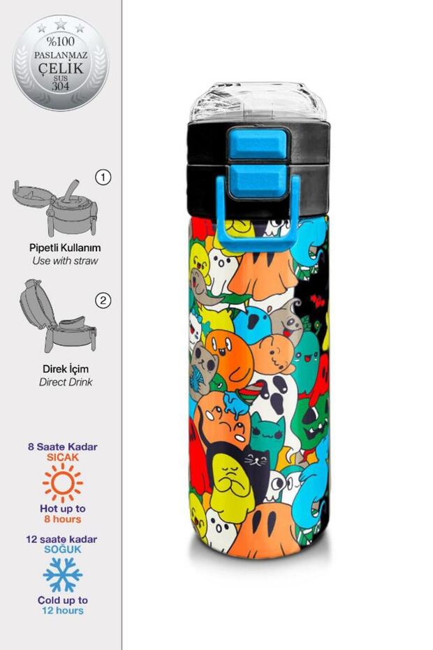 Kids Navy Blue Colored Striped Patterned Straw and Direct Drinking Steel Thermos 500 ml 31990