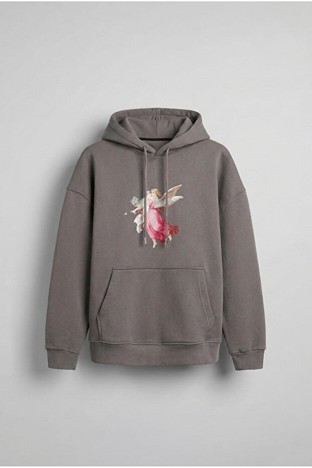 Unisex Oversize'Hero Angel' Graphic Printed Hooded Sweatshirt Gray