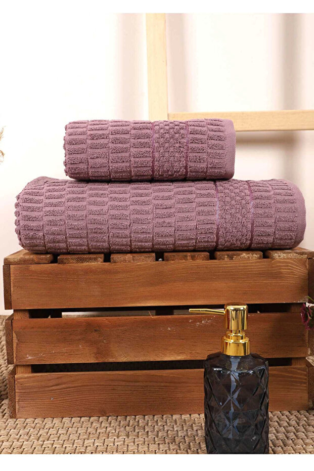 2 Piece Bath Towel Set 100% Cotton Swab Pattern Purple