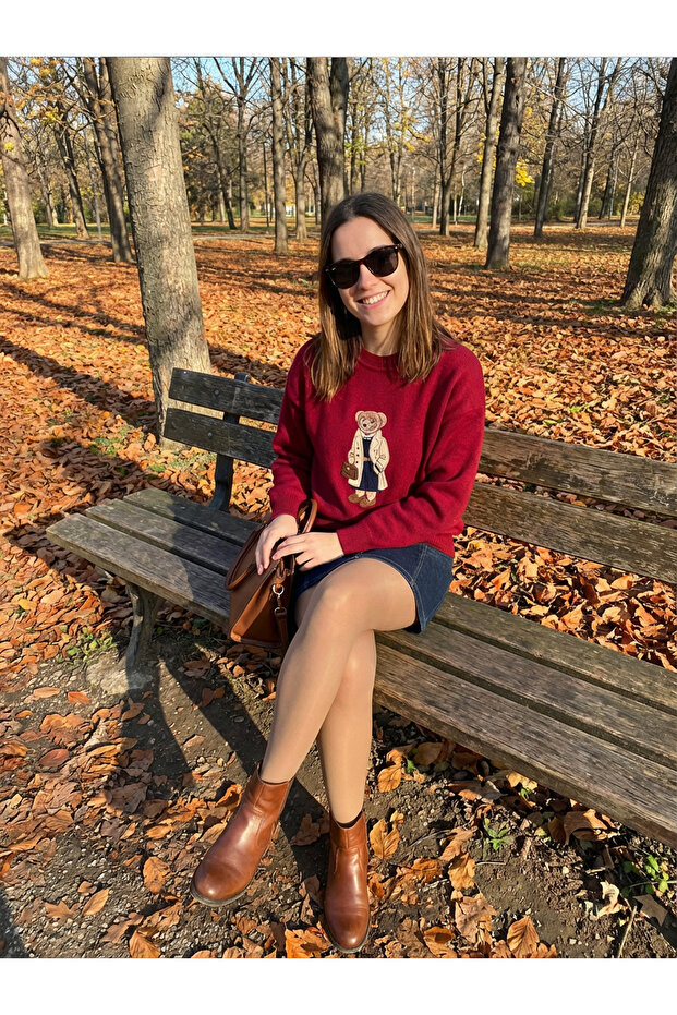 bear nakışlı basic kadın kazak - 2