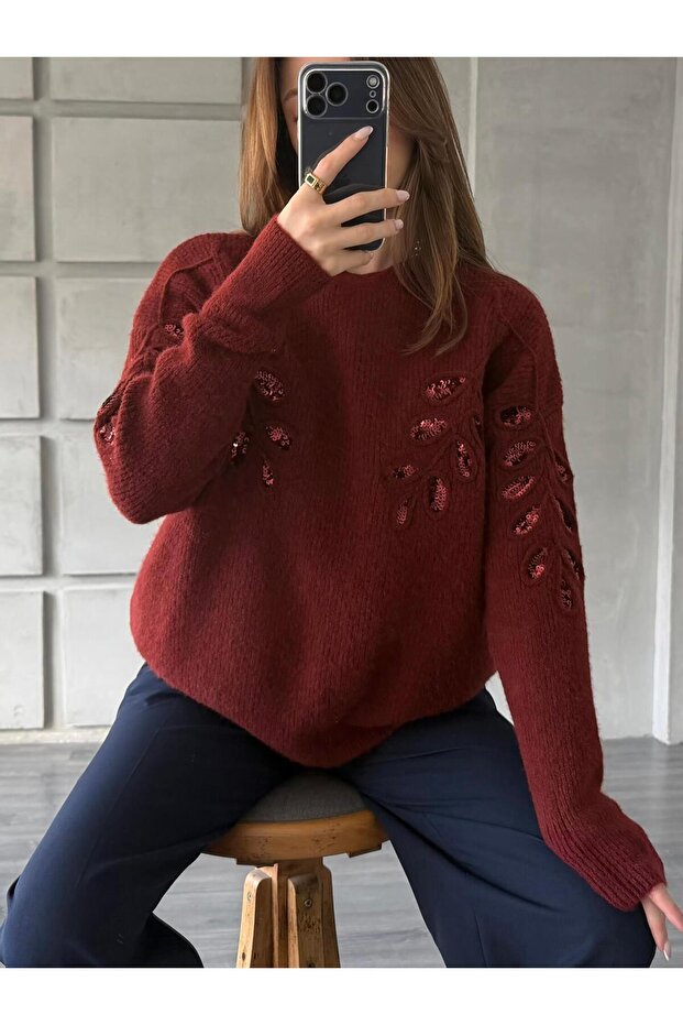 Pullu İşlemeli Kazak 7720 Bordo - 3