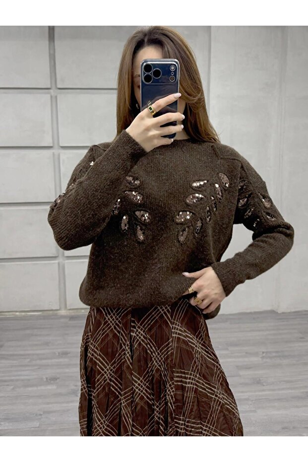 Pullu İşlemeli Kazak 7720 Kahve - 3