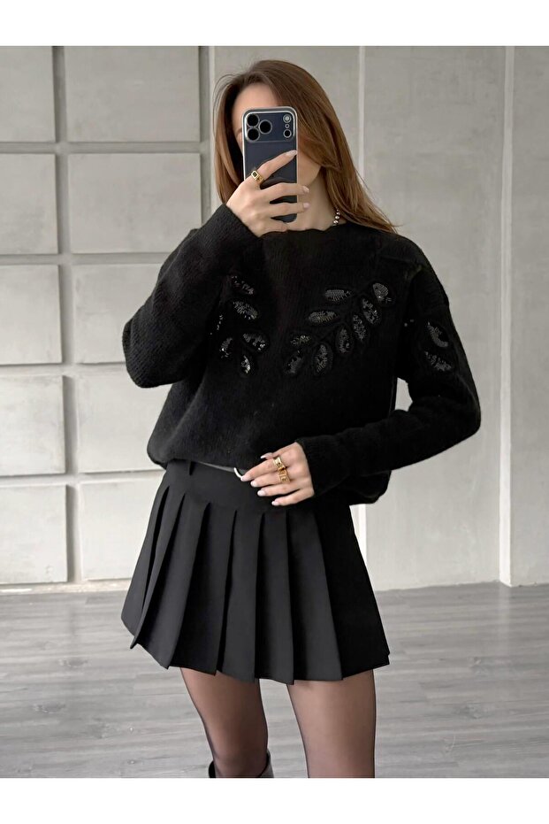 Pullu İşlemeli Kazak 7720 Siyah - 3