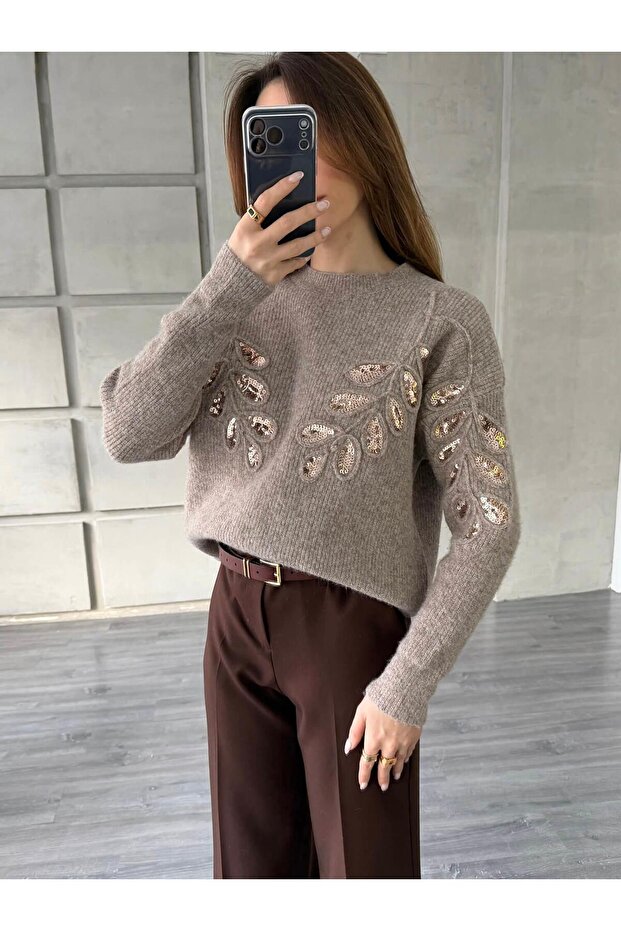 Pullu İşlemeli Kazak 7720 Vizon - 3