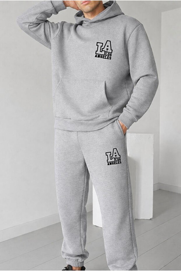 La Los Angeles Printed Unisex Men/Women Hooded Oversize Bottom/Upper Tracksuit Set