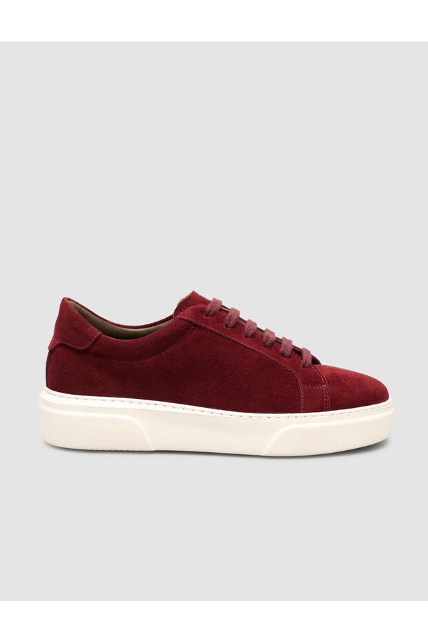 100% Genuine Suede Burgundy Fur Lined Lace-Up Sneaker Shoes