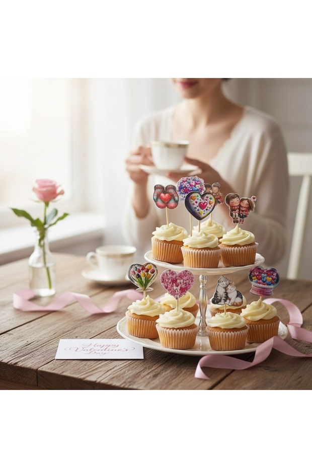 24-Piece Valentine's Day Love-Themed Toothpick Cake Decoration - Cardboard (4×8 cm)