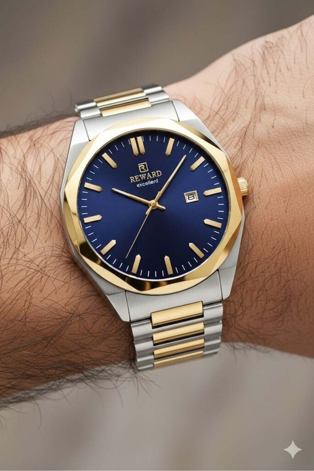 Classic Design Men's Wristwatch | 42 mm Steel Case, Dual Color Steel Band, Navy Blue