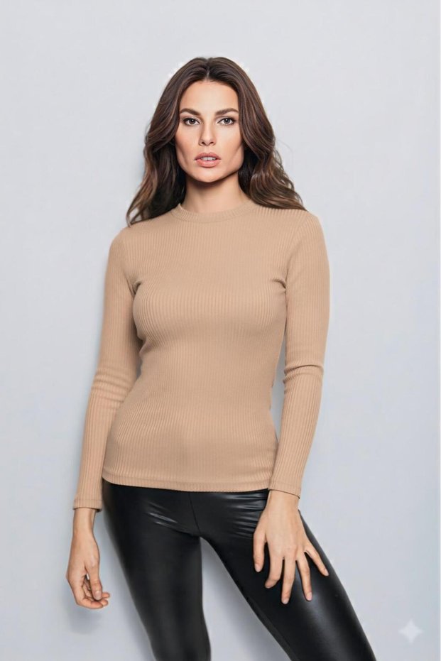 Women's Long Sleeve Skin Color Corded Fabric Bodysuit
