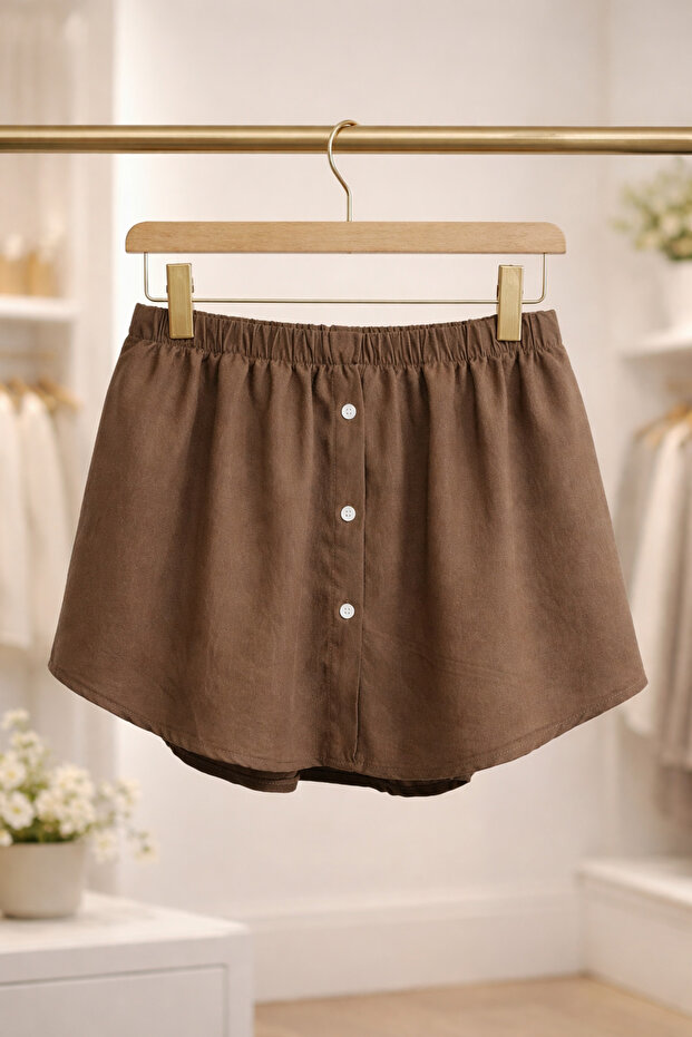 Women's Brown Elastic Waist Shirt-Looking Hijab-Saving Skirt