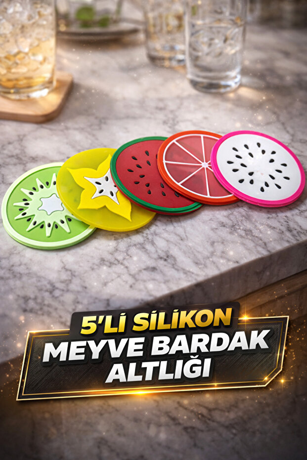Set of 5 Fruit Patterned Silicone Fireproof Coasters, Non-Slip, Heat Resistant, Colorful Drink Coasters