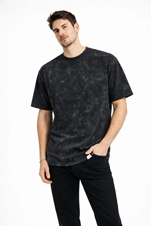 Men's Acid Wash Crew Neck Short Sleeve Oversized T-Shirt Tee - Black