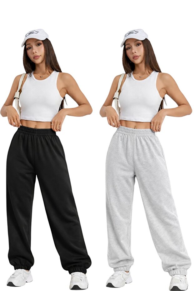 2-Piece High Waist Winter Fleece-Lined Unisex Full-Fit Elastic Leggings Sweatpants
