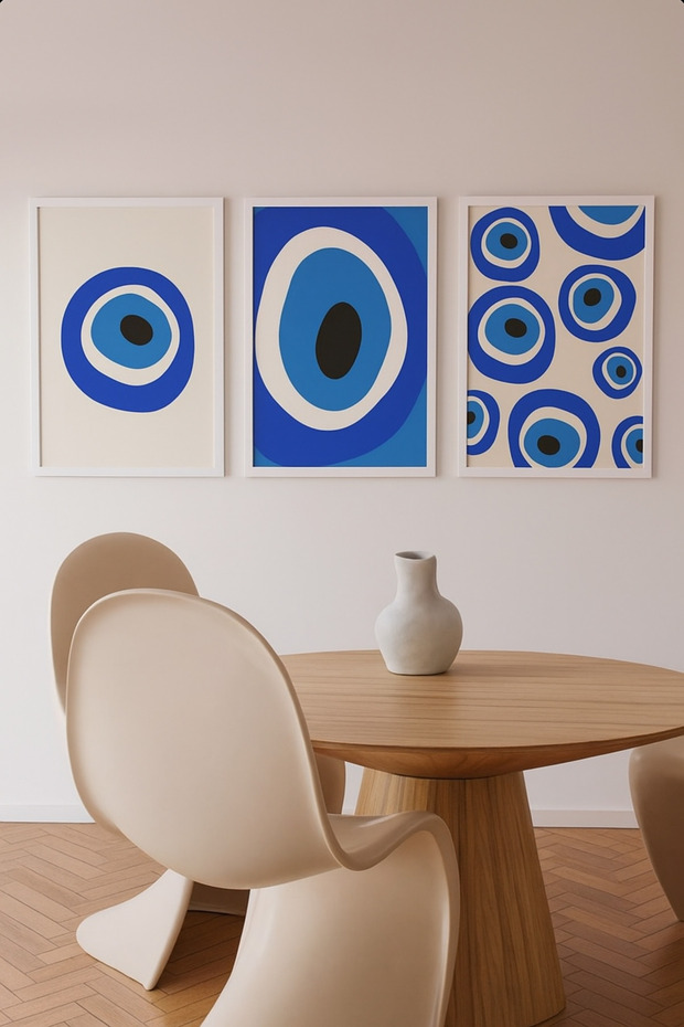 Laminated Framed Pvc Protected Uv Printing 3-Piece Evil Eye Bead Patterned Painting Set – Modern Wall Decor
