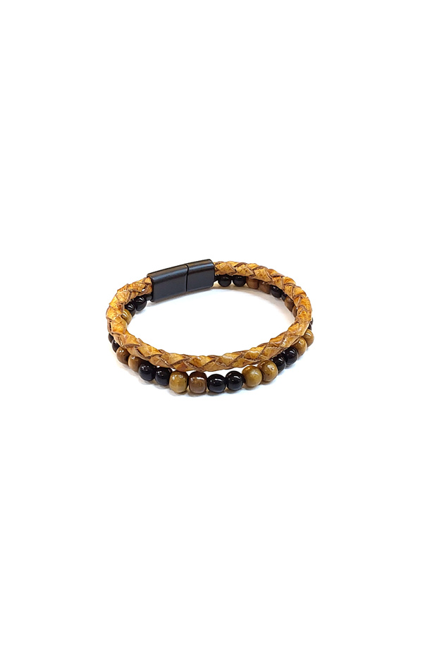 Golden Stone Weave – Tan Braided & Natural Stone Bead Detailed Men's Leather Bracelet-1417