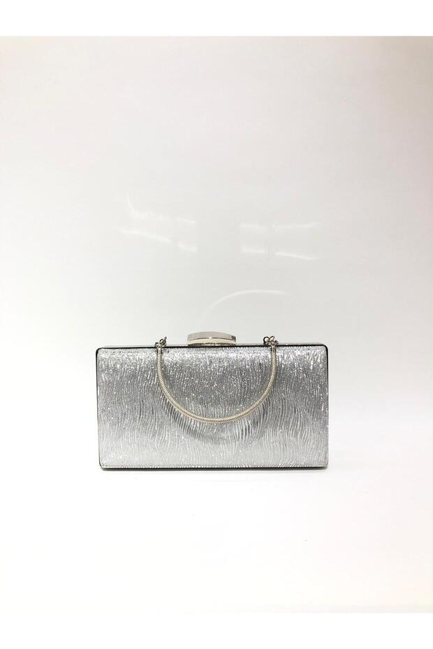 Silver Color Wavy Patterned Material Evening Dress Portfolio Clutch Women's Bag Can Be Used in Hand and with Long Strap