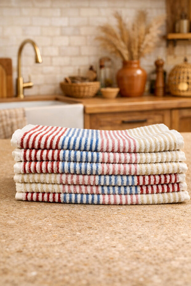 100% Cotton Colorful Striped 6-Piece Kitchen & Hand-Face Towels 30X50 cm