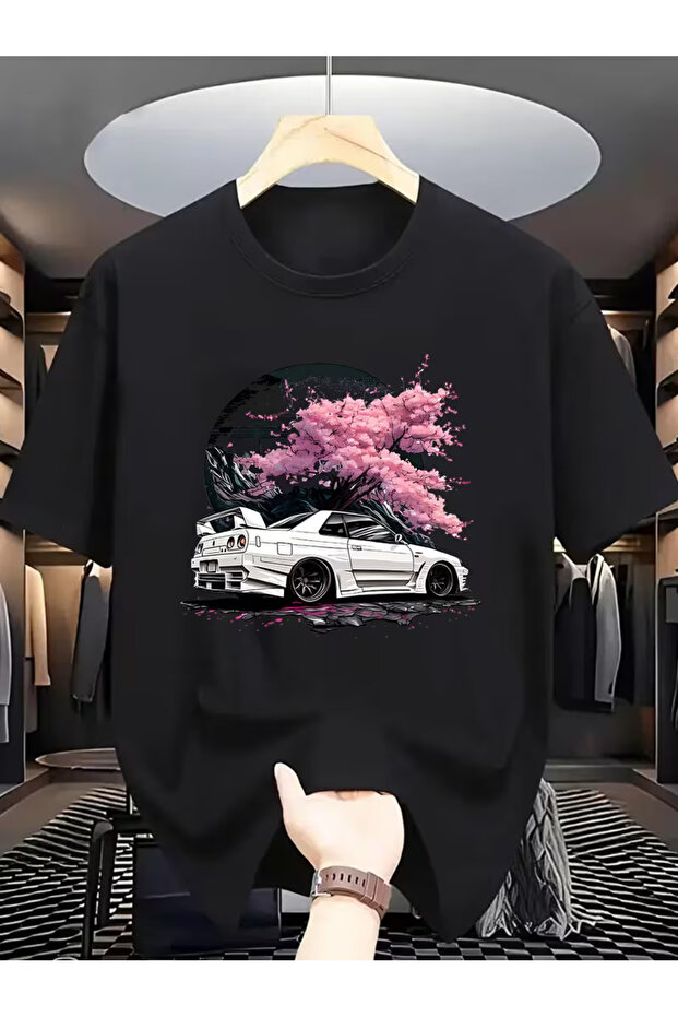 تي شيرت للجنسين بتصميم جرافيتي للسيارات مطبوع قصة فضفاضة