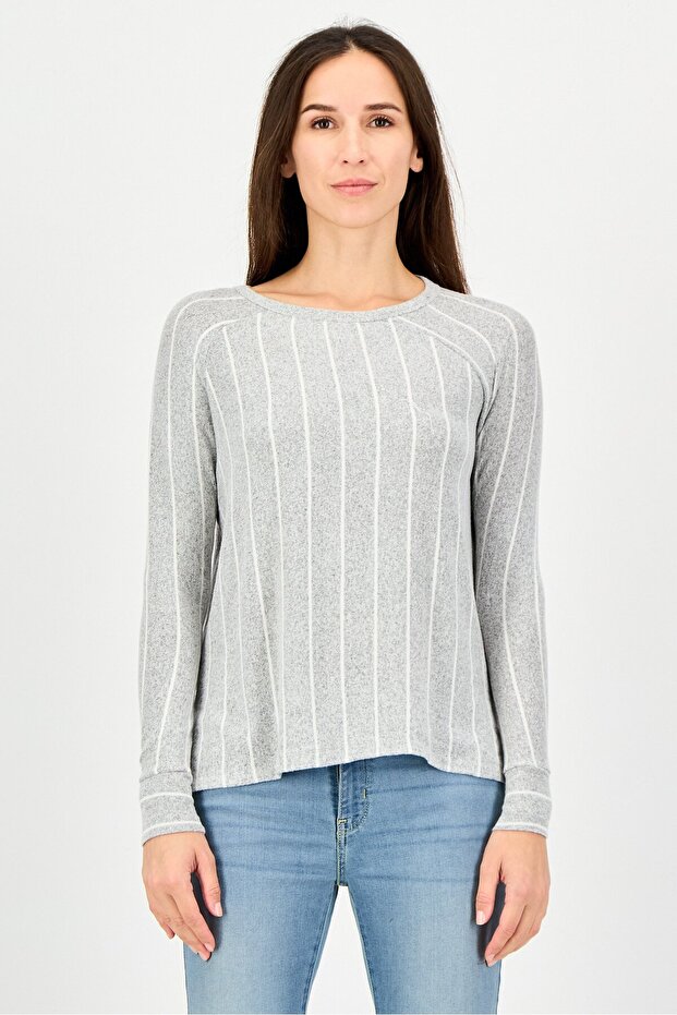 Women Round Neck Long Sleeve Stripe Top, Grey