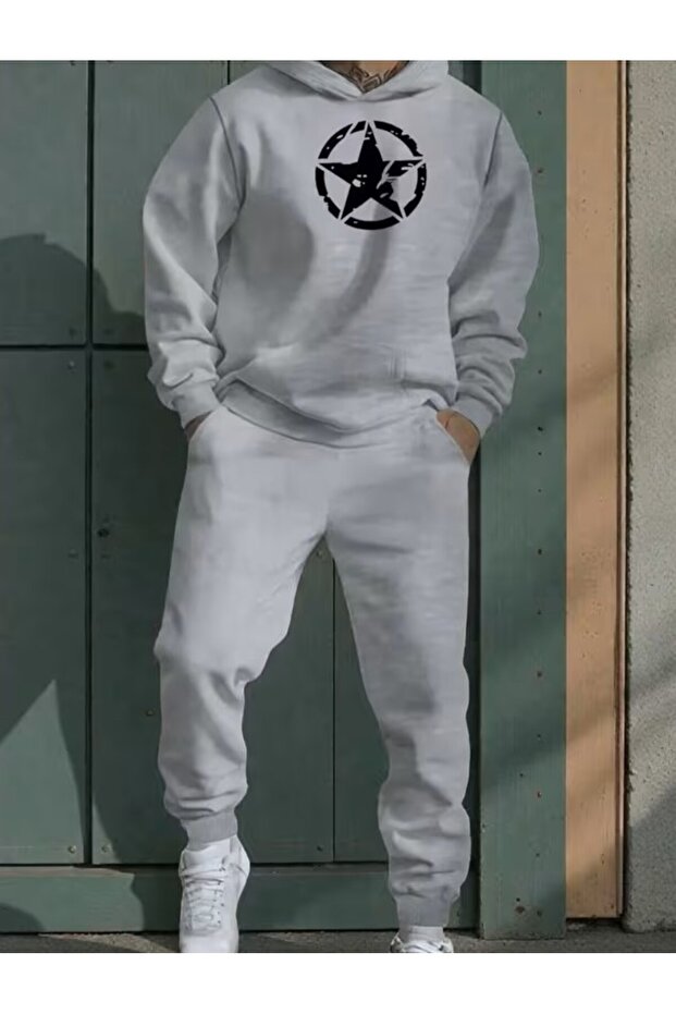 Hooded Tracksuit Set with Circle Star Print Design
