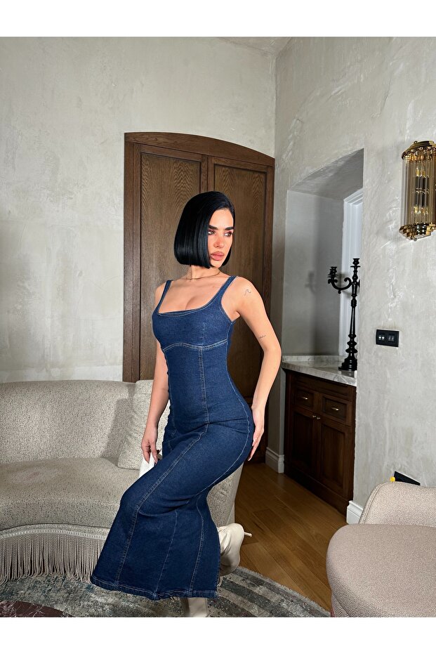 Askılı Kot Elbise - 5