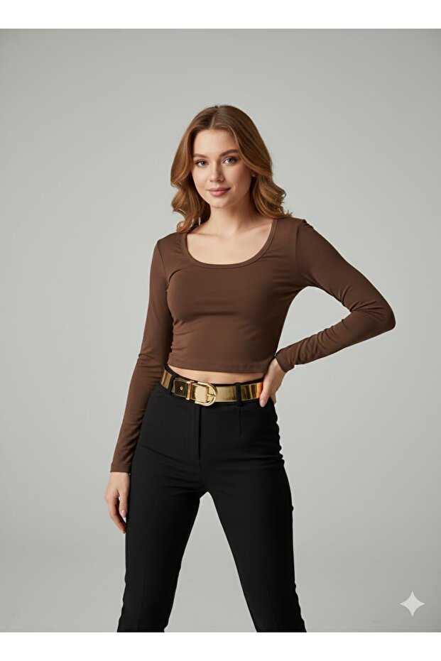 Women's Brown Crew Neck Long Sleeve Viscose Crop Blouse