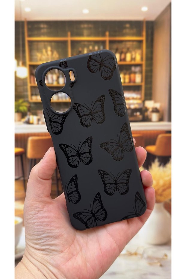 Vivo Y16 Compatible Black Butterfly Patterned Silicone Shock-Absorbing Classic Protective Rubber Case