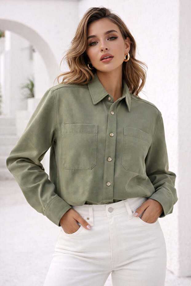 Kadın Haki Oversize Cepli Basic Gömlek - 3
