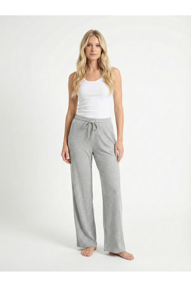 Women's Grey Soft Textured Bird Eye Detailed High Waist Trousers Nj14