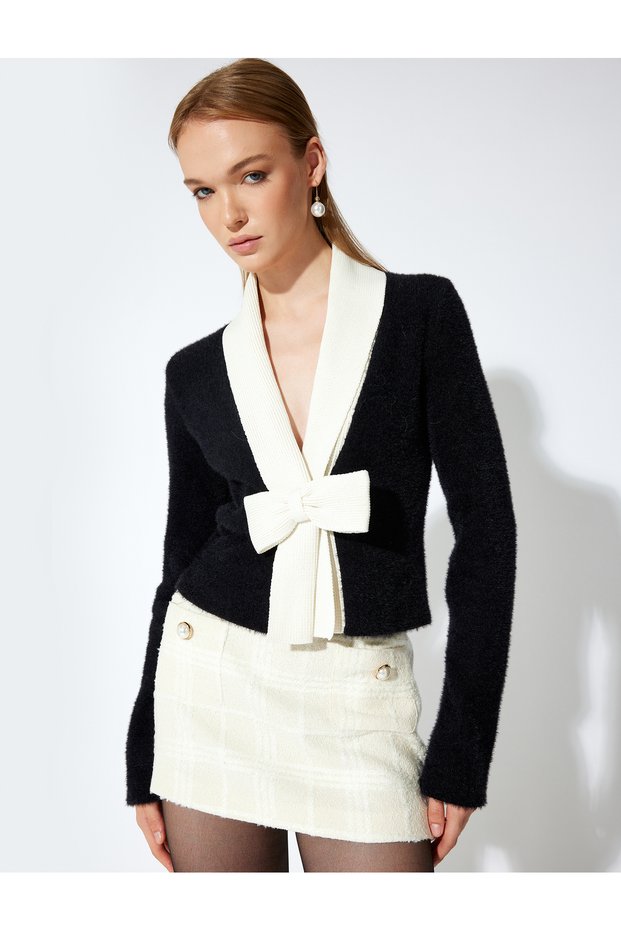 Bowknot Plush Cardigan Color Contrast V-Neck Long Sleeve