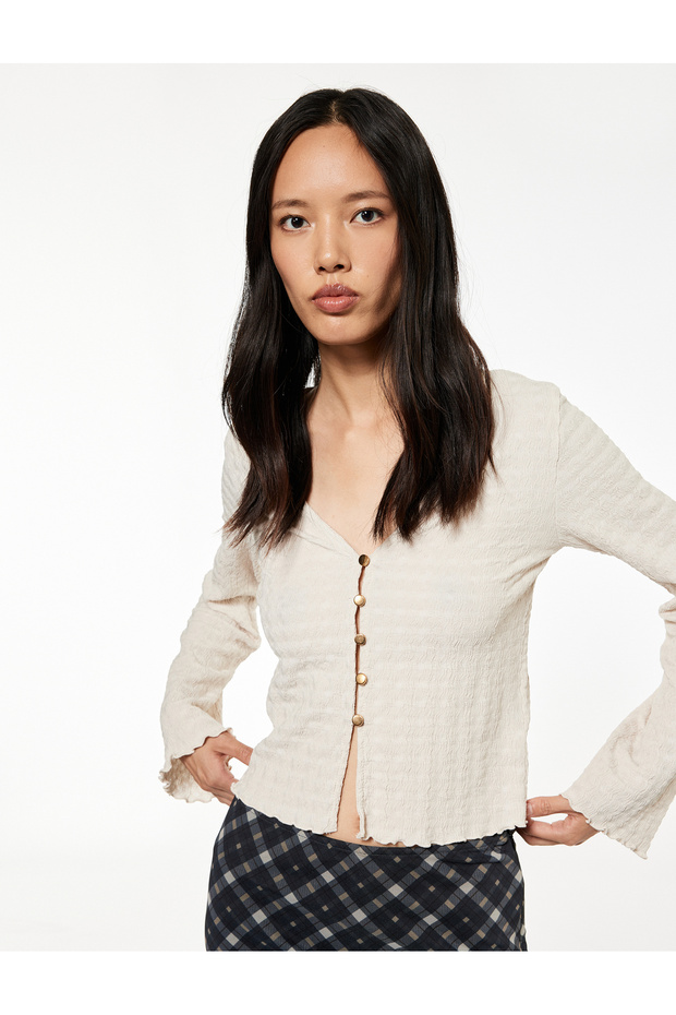 Buttoned Long Sleeve V-Neck Slim Fit Blouse