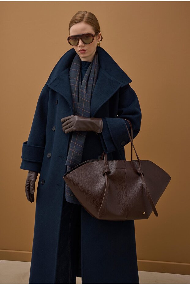 Funnel Neck Long Coat Navy Blue