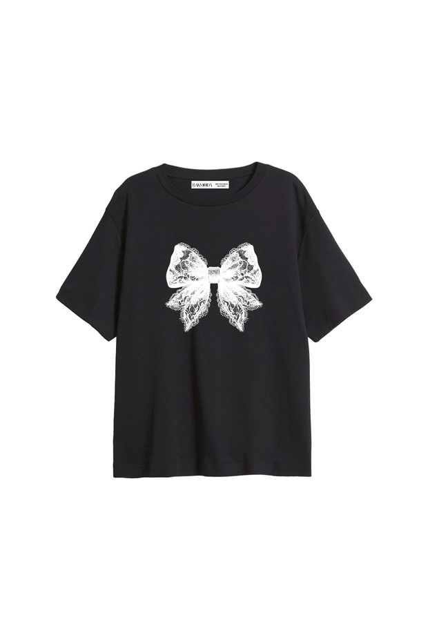 Lace Cute Ribbon Printed Relaxed Fit Black Women's Tshirt