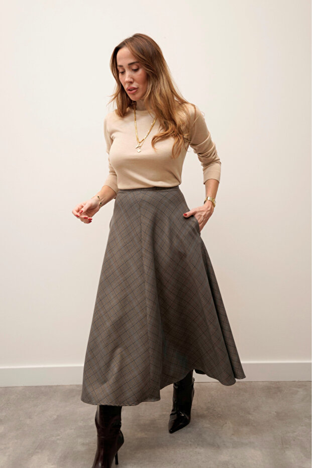 Kareli Katlı Premium Etek - 4