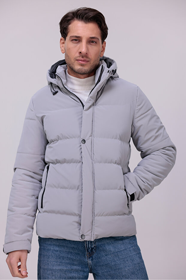 Men's Gray Water and Windproof Nova Fabric Detachable Puffer Jacket with Hooded Zippers and Snap Fasteners