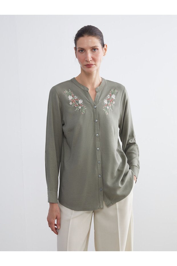 Alita City with a Difference of Lcw Grace Khaki Viscose Floral Cowl Neck Long Sleeve Women's Blouse