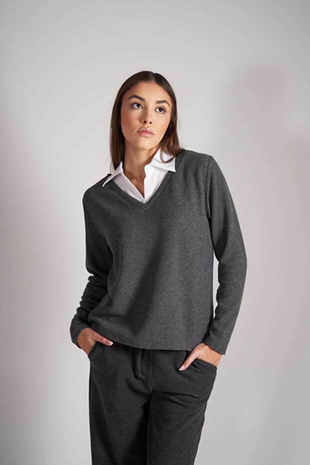 Gömlek Yaka Triko Sweatshirt - 1