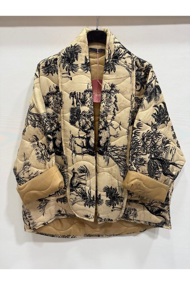 Women's Beige Italian Low Sleeve Floral Pattern Cotton O Oversized Quilted Kimono & Kaftan