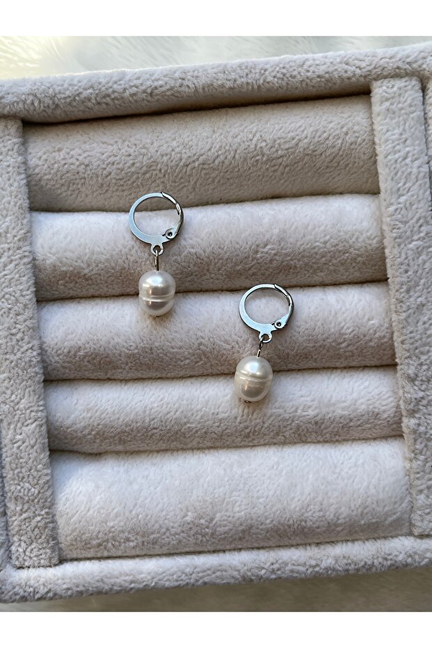 9mm Real Pearl Silver Color Steel Hoop Earrings Handmade