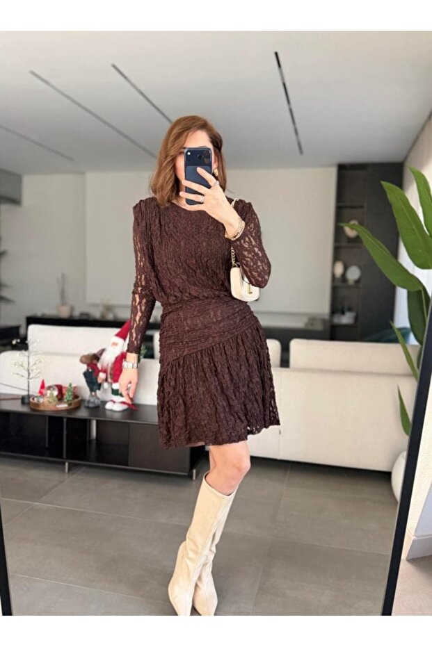 Dantel Drapeli Mini Elbise - 3