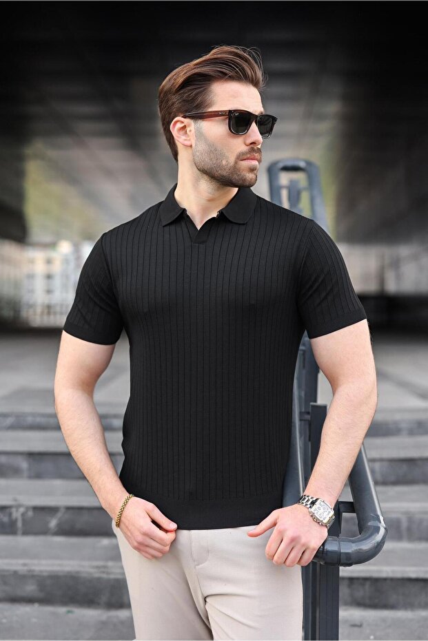 Black Polo Neck Knitwear Men's T-Shirt E7461