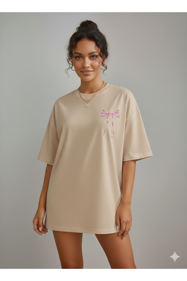Women's Pink Bow Printed Combed Cotton T-Shirt Oversized 100% Cotton